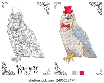 Vector coloring book page of a buzzard wearing a top hat and bow tie, ready for coloring