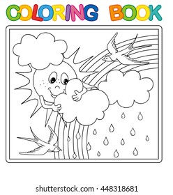 Vector coloring book page for children. Funny Sun behind the clouds, rain and rainbow.