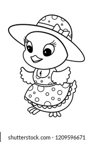 Vector coloring book page cute chicken wearing hat and dress