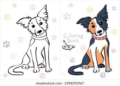 Vector Coloring Book página del perro Borde la raza Collie tricolores perro sentado
