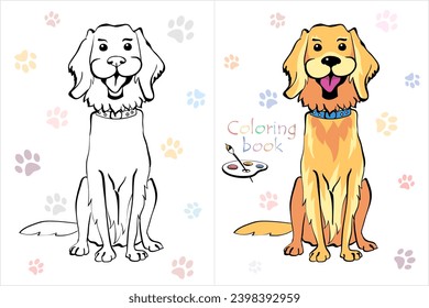 Vector Coloring Book page of Funny dog Golden Retriever breed sitting