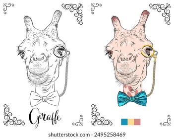 Vector coloring book page of a giraffe wearing a bow tie and monocle, ready for coloring