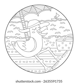 Vector coloring book page illustration of a seagull with a hat on the beach, featuring a picnic basket, sailboat, and ocean waves