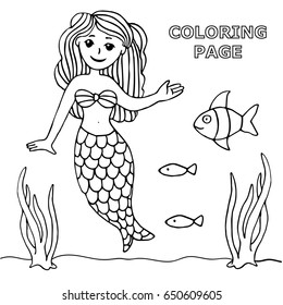 Vector coloring book page illustration with mermaid girl and nautical flora and fauna. Hand drawn art. Cartoon design. Black lineart isolated on white.