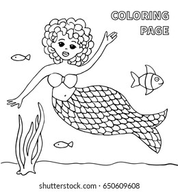 Vector coloring book page illustration with mermaid girl and nautical flora and fauna. Hand drawn art. Cartoon design. Black lineart isolated on white.