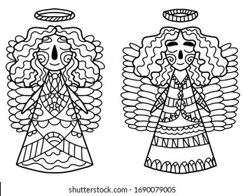 Vector coloring book page for kids and adults. Two guardian angels black contour for coloring page stock vector illustration. Fantasy cartoon heaven characters isolated on white. One of a series. 