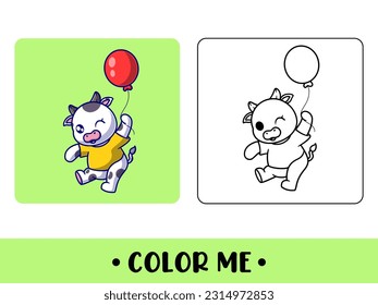 Vector coloring book or page for kids. cute cow holding ballon black and white illustration