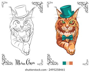 Vector coloring book page of a Maine Coon cat wearing a top hat and monocle, ready for coloring