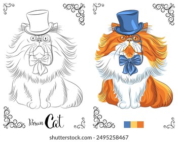 Vector coloring book page of a Persian cat wearing a top hat and bow tie, ready for coloring