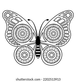 Vector coloring book page. Silhouette of elegant butterfly in mandala style isolated on white background