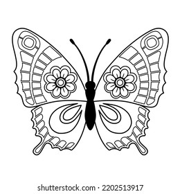 Página del libro de coloreado de vectores. Silhouette de elegante mariposa al estilo mandala aislada en fondo blanco