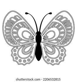 Vector coloring book page. Silhouette of elegant butterfly in mandala style isolated on white background