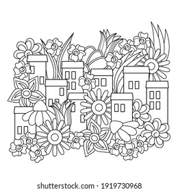 Vector coloring book page. Summer urban landscape. Cartoon hand-drawn townhouses and flowers
