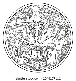 Vector coloring book page unicorn twins with magic flowers, circle composition. Anti stress freehand sketch drawing with tangle, doodle elements. For adult coloring, stickers, design, tattoo, print.