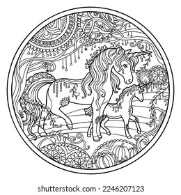 Vector coloring book page unicorn and foal with magic flowers, circle composition. Anti stress freehand sketch drawing with tangle, doodle elements.For adult coloring, stickers, design, tattoo, print.