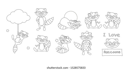 Vector coloring book with raccoons. Vector illustration with raccoons. Cute raccoons illustration for nursery poster, t-shirt, Kindergarten, Christmas and New year party, baby shower.