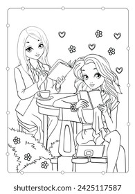 Vector coloring book of two girls in the park reading books in a cafe
