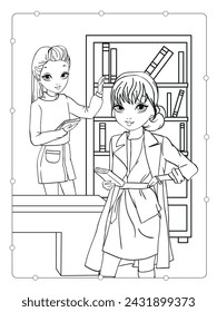 Vector coloring book of two girls students in the library choosing books