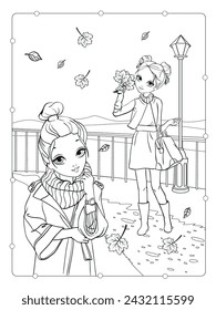 Vector coloring book of two girls walking in the park in autumn weather