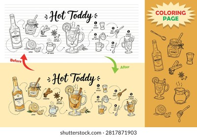 vector Coloring book with a winter cocktail theme featuring Hot Toddy ingredients. This warm drink is perfect for winter and helps warm the body. for adult coloring books, cocktail enthusiasts, cafes, and more.