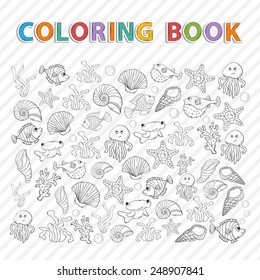 Vector coloring book.Marine life. Hand drawn Icon set with various sea inhabitants, seaweed,sword fish,fish urchin, octopus, jellyfish,coral,shells, barnacles,algae in doddle style