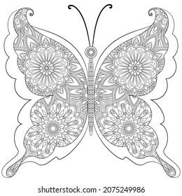Coloración de vectores. Mariposa. Patrón floral geométrico en un marco. Dibujo de contorno sobre un fondo blanco.