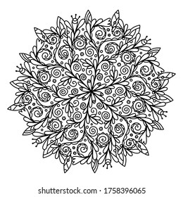 Vector coloring composition in a circle. Ornament of beautiful curls mandala. Antistress coloring to relieve stress during coloring by pencils, felt-tip pens, paints. Printing in a book, on rugs and