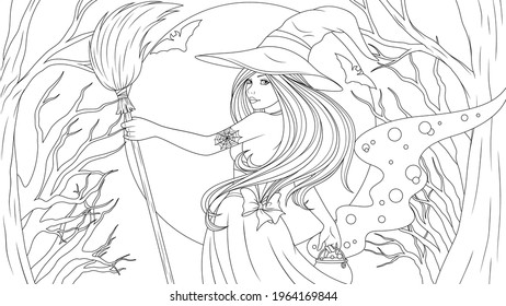 Vector coloring, cute beautiful witch with a broom and a pot of potions at night in the forest, coloring book.