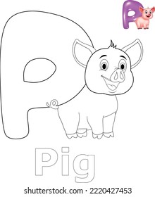 Vector Coloring The Cute Cartoon Pig. Educational Game for Kids. Vector Illustration With Cartoon Style Funny Sea Animal ، coloring letter P
