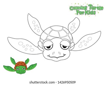 Vector Coloring The Cute Cartoon Turtle. Educational Game for Kids. Vector Illustration With Cartoon Style Funny Sea Animal