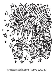 Vector coloring doodle ornamental ice unicorn. Decorative abstract vector illustration in black color contour isolated on white background. Stock illustration for design and tattoo. 