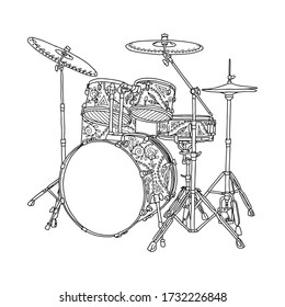 Vector coloring with drum kit. Drawn in black outline on a white background. For coloring by children and adults. 