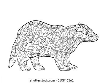 Vector coloring European badger for adults illustration. Anti-stress coloring for adult animal. Zentangle style. Black and white lines. Lace pattern