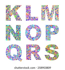 Vector coloring font with chaotic images of different icons inside the letters.