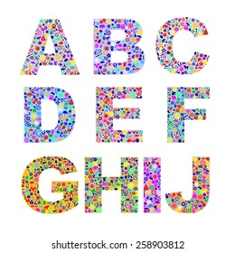 Vector coloring font with chaotic images of different icons inside the letters.