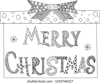 Vector coloring in the form of a gift box with a bow and a sign Merry Christmas. Coloring zentangle for children and adults. Application in printed materials,etc. New Year and Christmas illustration.