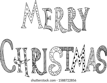 Vector coloring in the form of a lettering Merry Christmas with many patterns. Coloring Antistress zentangle for children and adults. Application in printed materials. New Year and Christmas coloring.