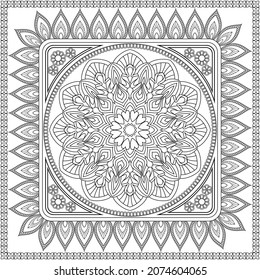 Vector coloring. Geometric floral pattern in an openwork frame. Contour drawing on a white background.