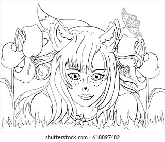 Vector coloring girl with Fox ears in anime style. Coloring book for adults and children.