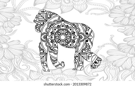 Gorila de coloración vectorial para la ilustración de adultos. Coloración antiestrés para animales adultos. Estilo Zentangle. Líneas en blanco y negro. Patrón de encaje