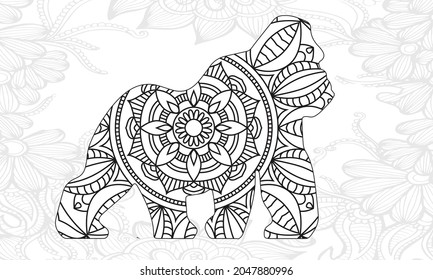 Gorila de coloración vectorial para la ilustración de adultos. Coloración antiestrés para animales adultos. Estilo Zentangle. Líneas en blanco y negro. Patrón de encaje