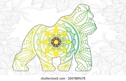 Vector coloring gorilla for adults illustration. Anti-stress coloring for adult animal. Zentangle style. Black and white lines. Lace pattern.