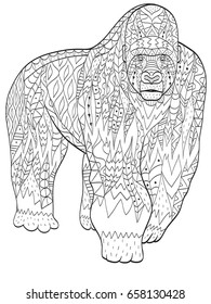 Vector coloring gorilla for adults illustration. Anti-stress coloring for adult animal. Zentangle style. Black and white lines. Lace pattern