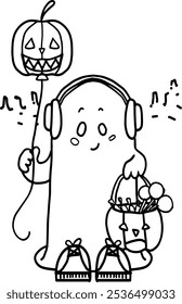 Coloração vetorial para Halloween. Um fantasma bonito nos fones de ouvido ouve música de terror, e dentro dos doces há uma cesta com uma abóbora na qual ele segura um balão. Você pode pintar qualquer cor. Li preto