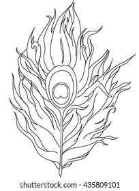 Vector coloring hand drawn peacock feather isolated on white background