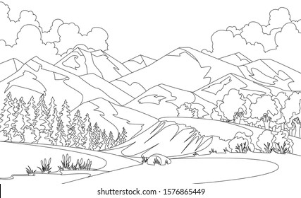 Vector Coloring Illustration Of Beautiful Summer Fields Landscape With A Dawn, Mountian Hills, Sky, Country Background In Flat Cartoon Style Banner. Sketch Style