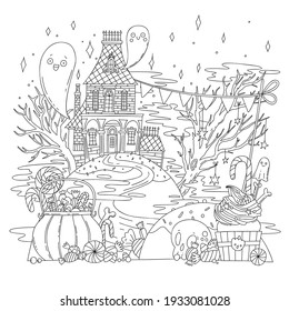 Vector coloring illustration with Halloween landscape, old house, ghosts, skeletons, pumpkins and sweets. Sweet picture for coloring, linear drawing. Black and white illustration 