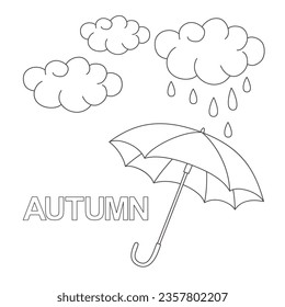 Vector coloring illustration hand drawn on a white background. Lettering autumn, clouds with rain and an umbrella.
