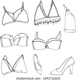 Vector coloring illustration set of a cute bra underwear with black transparent lace, leather pumps. Hand drawn isolated on a white background.