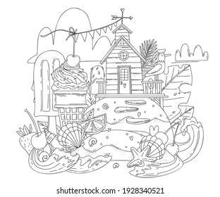 Vector coloring illustration with summer landscape, beach house, sea, fruits, cocktails. Summer picture for coloring, linear drawing. Black and white illustration with a nautical background.